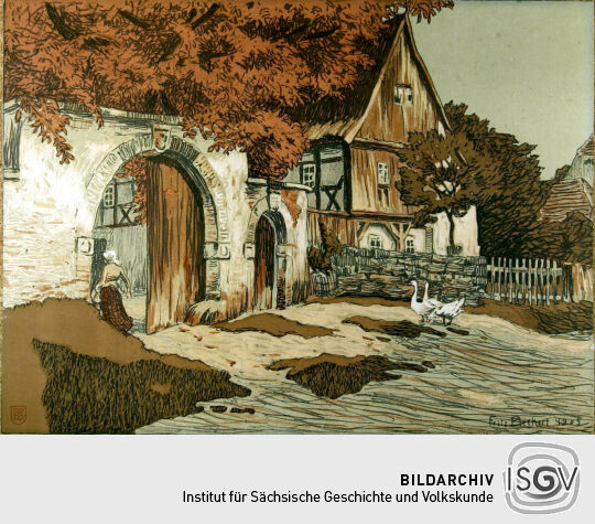 Lithographie 'Sächsische Dorfstraße (Lohmen bei Pirna)' von Fritz Beckert