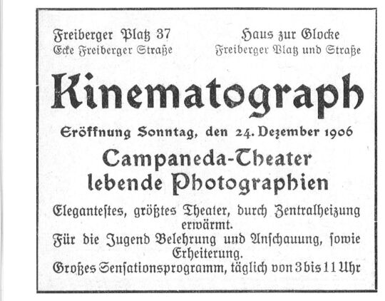 Werbeanzeige für den Kinematographen "Campaneda-Theater"