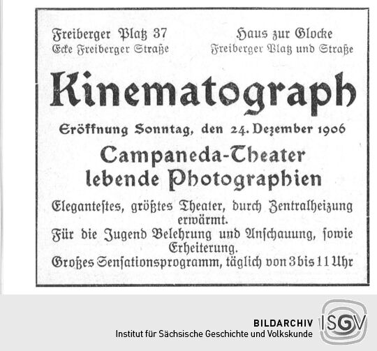 Werbeanzeige für den Kinematographen "Campaneda-Theater"