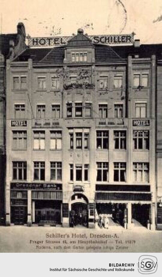 Postkartenansicht des Hotels Schiller an der Prager Straße 45