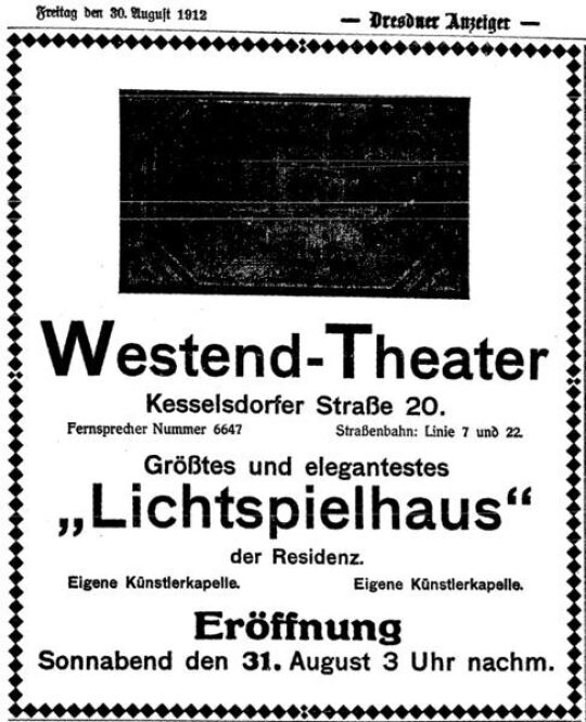 Ansicht des Saals des Westend-Theaters auf einer Anzeige