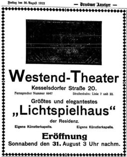 Ansicht des Saals des Westend-Theaters auf einer Anzeige