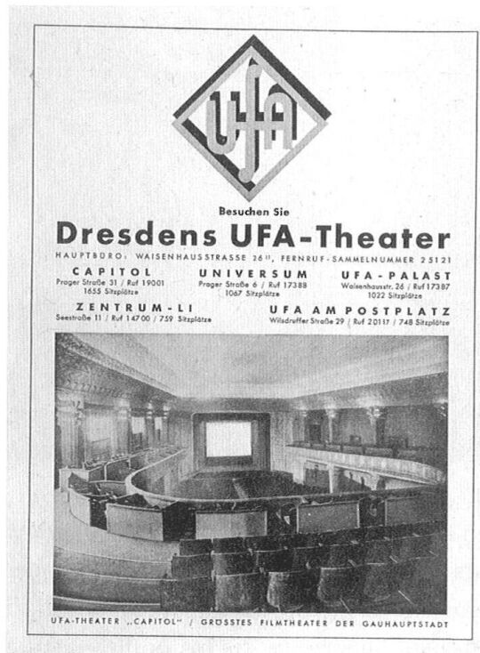 Großer Saal des Ufa-Theaters "Capitol" an der Prager Straße 31 in einer Werbeanzeige