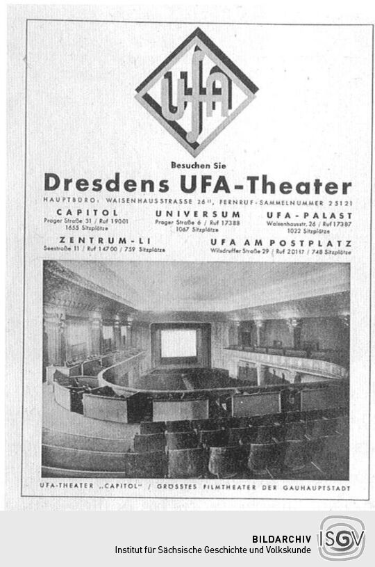 Großer Saal des Ufa-Theaters "Capitol" an der Prager Straße 31 in einer Werbeanzeige