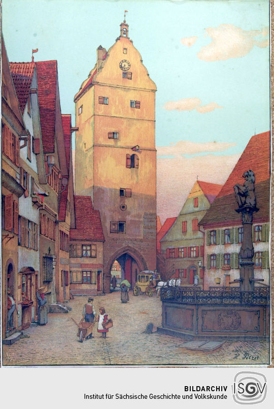 Lithographie 'Abend im Städtchen (Dinkelsbühl)' von Hermann Petzet