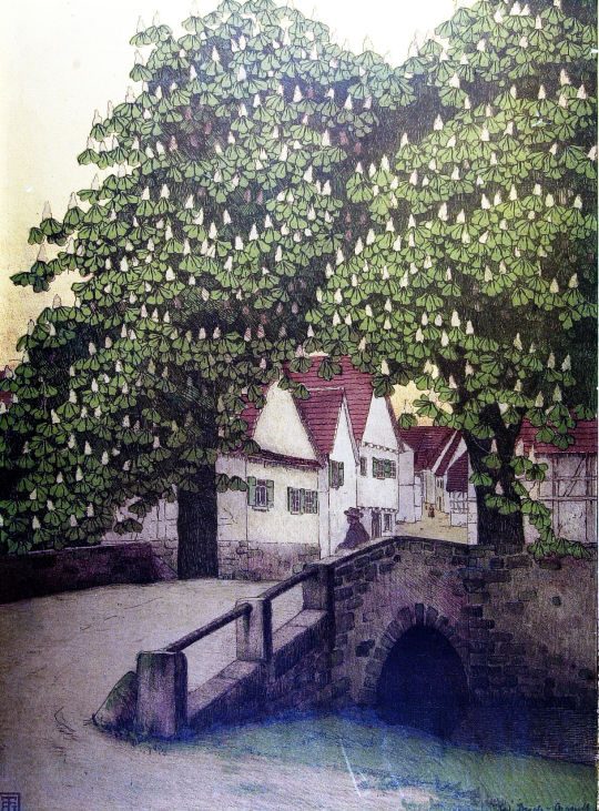 Lithographie 'Blühende Kastanien (Sersheim in Schwaben)' von Walter Strich-Chapell