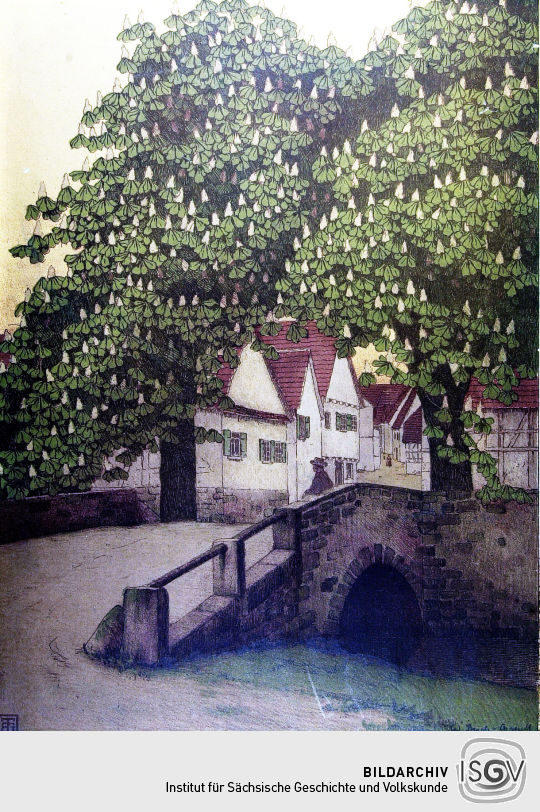 Lithographie 'Blühende Kastanien (Sersheim in Schwaben)' von Walter Strich-Chapell