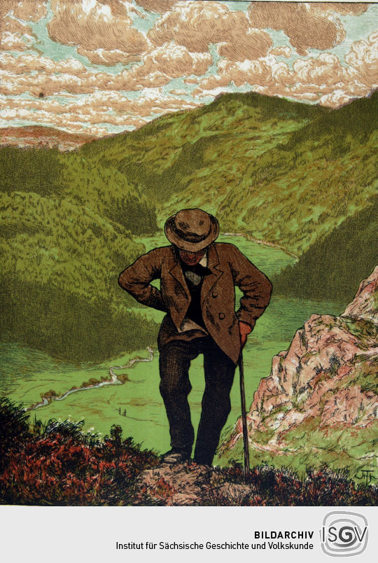 Lithographie 'Der Wanderer' von Hans Thoma