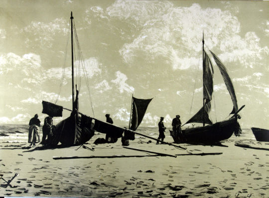 Lithographie 'Fischerboote an der Ostsee' von Louis Lejeune