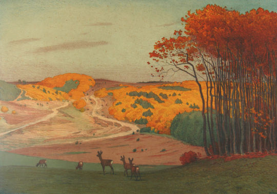 Lithographie 'Herbst in der Eifel' von Hans Richard von Volkmann