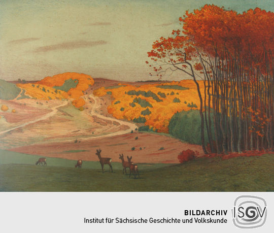 Lithographie 'Herbst in der Eifel' von Hans Richard von Volkmann