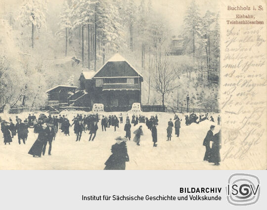 Postkarte aus Buchholz i. Sa (Annaberg) - Eisläufer auf der Bahn
