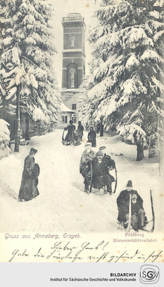Postkarte - Gruss aus Annaberg, Erzgeb. - Pöhlberg Hörnerschlittenfahrt