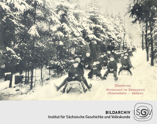 Postkarte - Chemnitz, Wintersport im Zeissigwald (Ruschelbahn-Abfahrt)