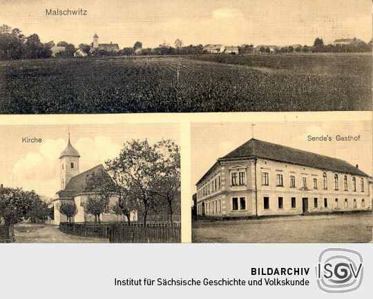 Postkarte - Malschwitz - Ort, Kirche und Sende's Gasthof