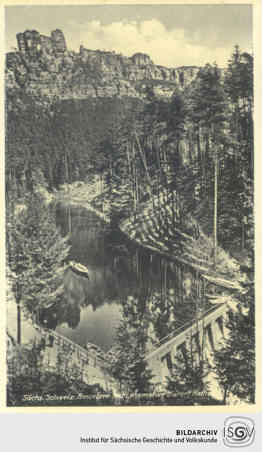 Postkarte - Amselsee mit Lokomotive - Kurort Rathen, Sächs. Schweiz
