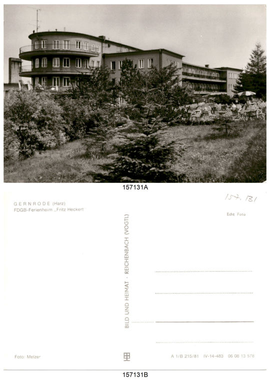 Postkarte 'Gernrode (Harz), FDGB-Ferienheim "Fritz Heckert" '