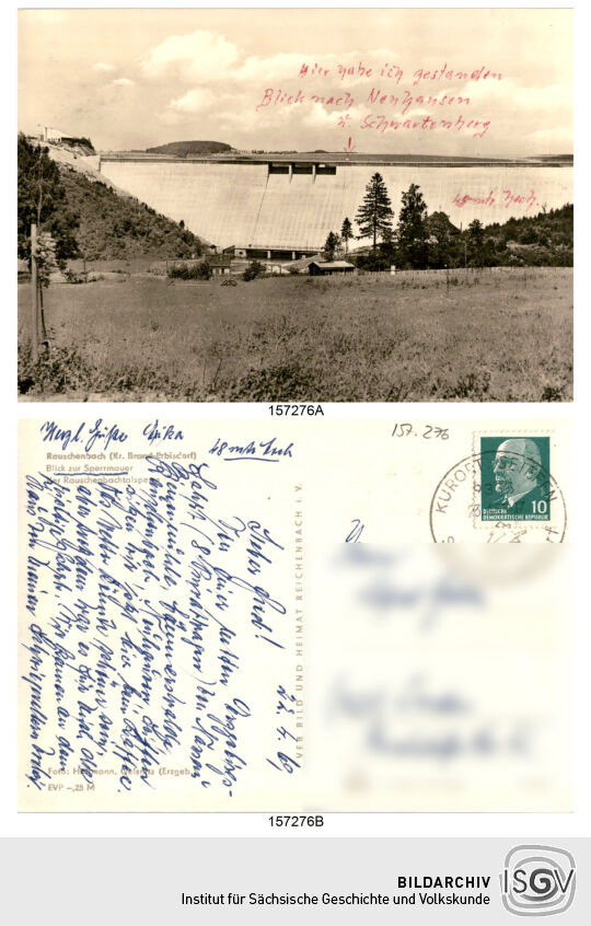 Postkarte 'Rauschenbach (Kr. Brand-Erbisdorf); Blick zur Sperrmauer der Rauschenbachtalsperre'