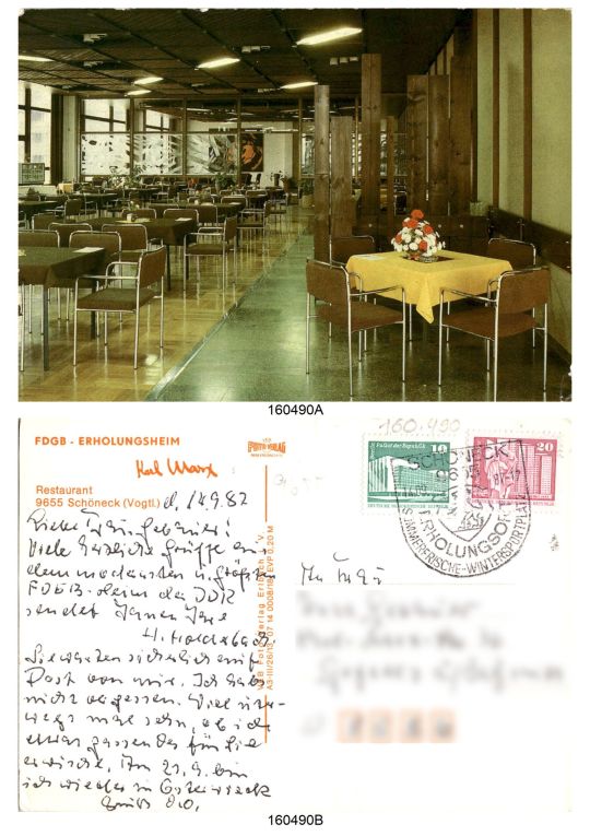 Postkarte 'FDGB-Erholungsheim Karl Marx, Restaurant'