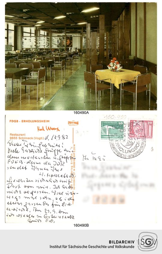 Postkarte 'FDGB-Erholungsheim Karl Marx, Restaurant'