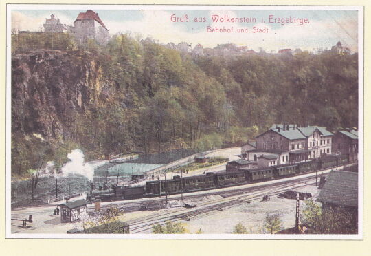 Postkarte "Gruß aus Wolkenstein i. Erzgebirge, Bahnhof und Stadt"