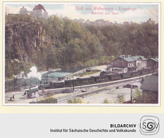Postkarte "Gruß aus Wolkenstein i. Erzgebirge, Bahnhof und Stadt"