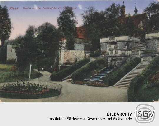 Postkarte "Partie an der Freitreppe im Stadtpark, Riesa"