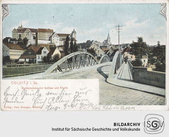 Postkarte "Colditz, Muldenbrücke mit Schloss und Kirche"