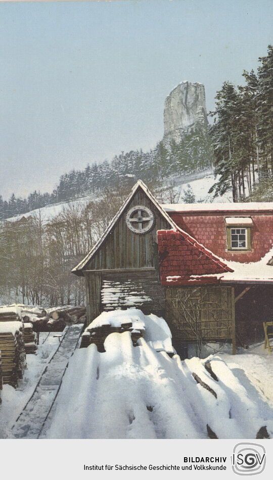 Postkarte "Photochromie, Mühle und Talwächter im Amselgrund"