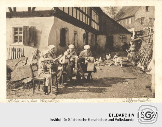 Postkarte "Klöppelmädln, Bilder aus dem Erzgebirge"