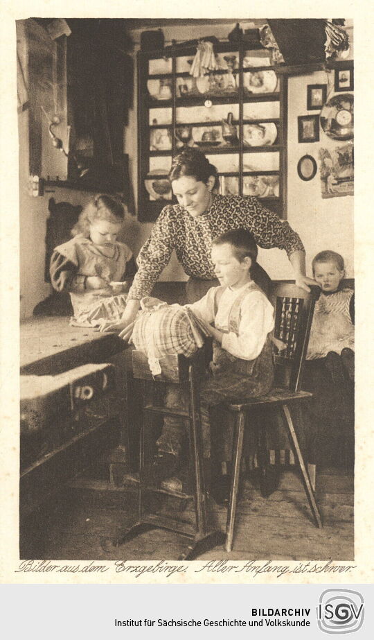 Postkarte "Aller Anfang ist schwer, Bilder aus dem Erzgebirge"