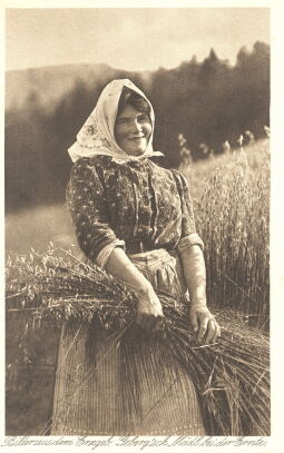 Bild: Postkarte "Geberg'sch Mädl bei der Ernte. Bilder aus dem Erzgebirge"