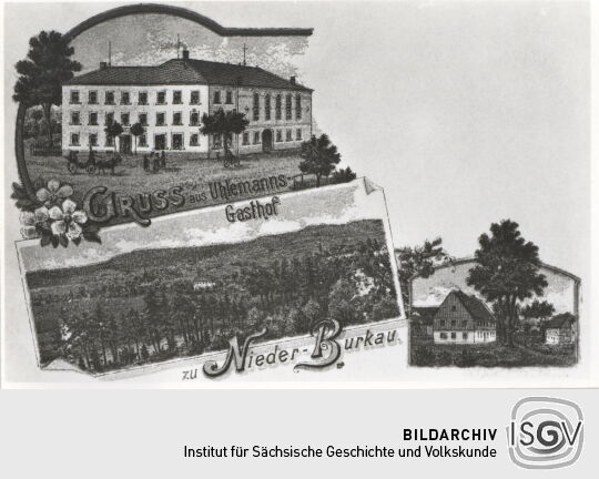 Historische Postkarte "Gruss aus Uhlemanns-Gasthof zu Nieder-Burkau"