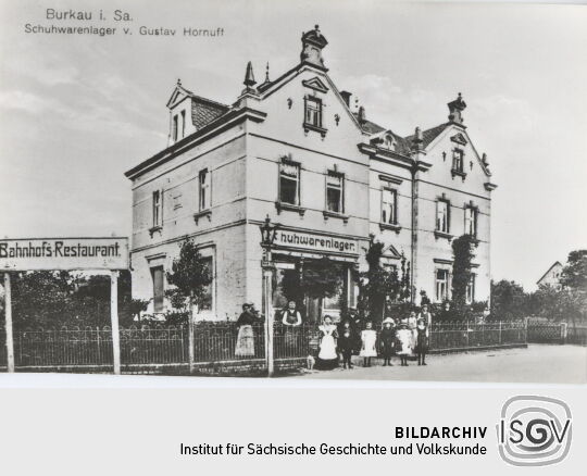 Historische Postkarte "Schuhwarenlager, Burkau"