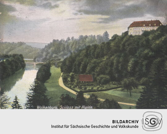 Postkarte "Wolkenburg, Schloss mit Mulde"