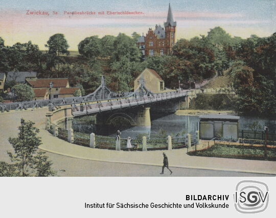 Postkarte "Paradiesbrücke mit Ebertschlösschen, Zwickau"