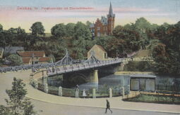 Bild: Postkarte "Paradiesbrücke mit Ebertschlösschen, Zwickau"