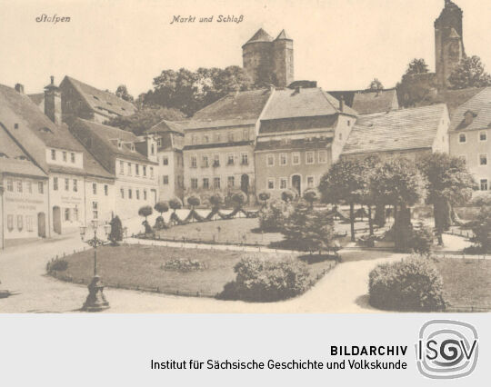 Ansicht von Stolpen mit Burganlage und Markt