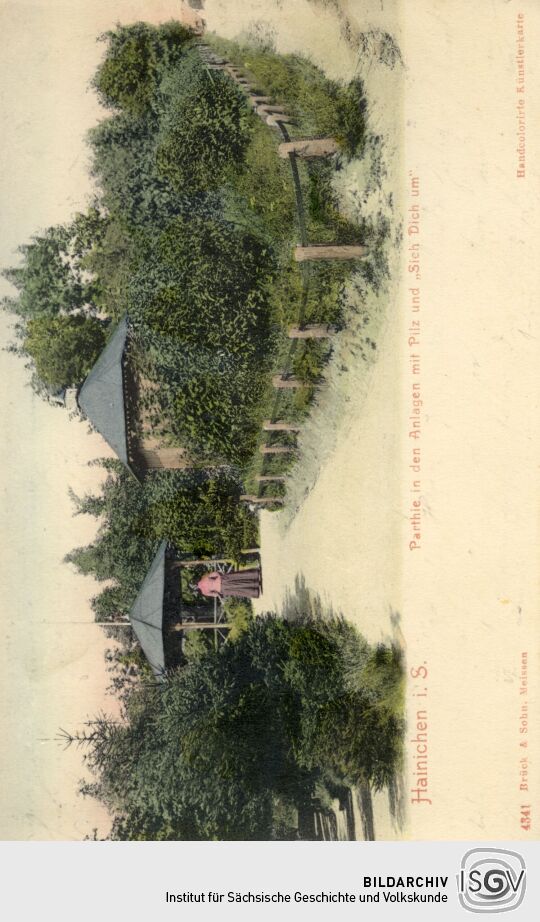 Postkarte Hainichen in Sachsen. Parthie in den Anlagen mit Pilz und Sieh dich um.