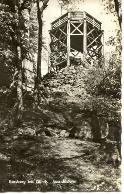 Postkarte mit der Ansicht des Aussichtsturms auf dem Borsberg bei Dresden-Pillnitz.