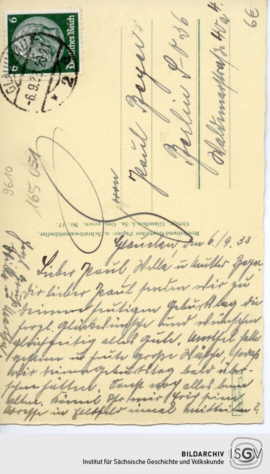 Postkarte Glauchau in Sachsen. Bismarckturm mit Gedächtsnishalle und Jugendherberge.