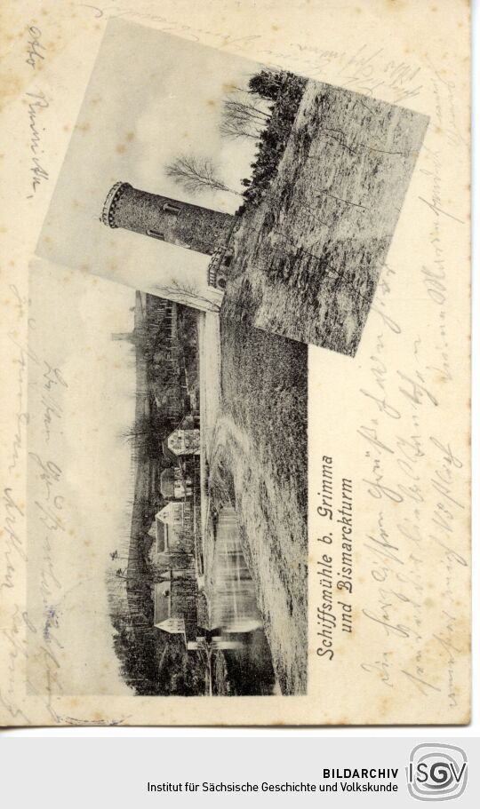 Mehrbildpostkarte Schiffsmühle bei Grimma und Bismarckturm.