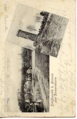 Bild: Mehrbildpostkarte Schiffsmühle bei Grimma und Bismarckturm.