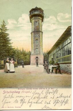 Postkarte Scheibenberg (Erzgebirge), Königin Carola-Turm (834 Meter über dem Meer).