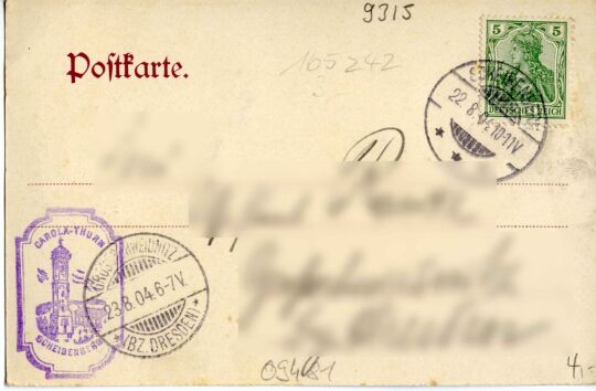 Postkarte Scheibenberg (Erzgebirge), Königin Carola-Turm (834 Meter über dem Meer).