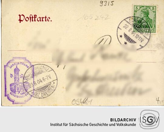 Postkarte Scheibenberg (Erzgebirge), Königin Carola-Turm (834 Meter über dem Meer).