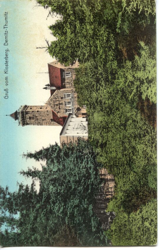 Postkarte Gruss vom Klosterberg mit einer kolorierten Fotografie von der Gaststätte mit dem Aussichtsturm auf dem Berg.