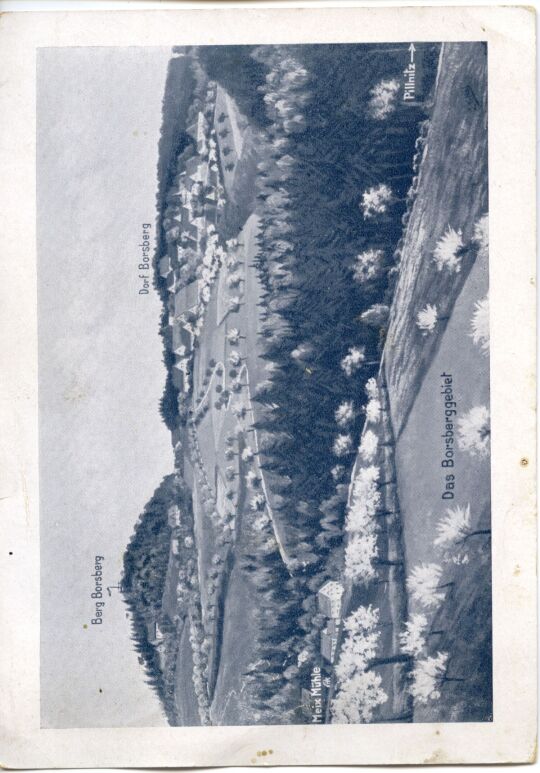 Postkarte mit der Ansicht des Berges und des Dorfes Borsberg. Das Borsberggebiet bei Dresden-Pillnitz.