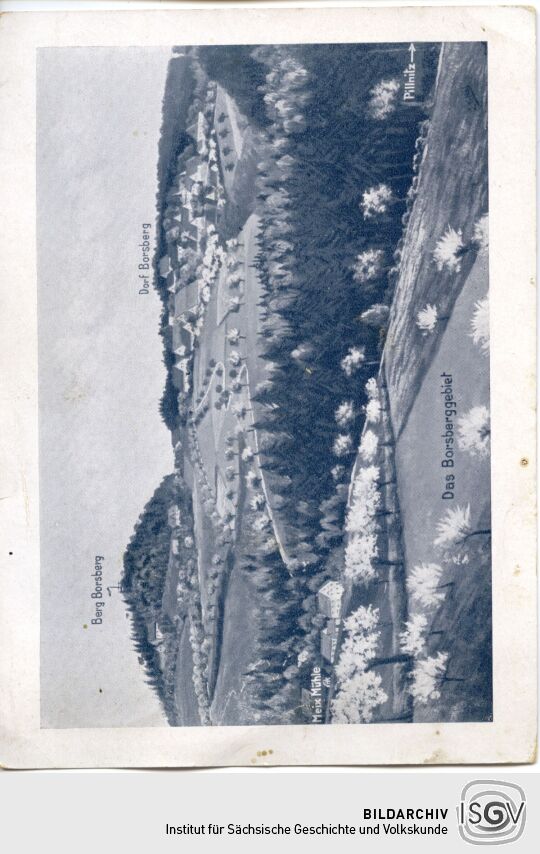 Postkarte mit der Ansicht des Berges und des Dorfes Borsberg. Das Borsberggebiet bei Dresden-Pillnitz.