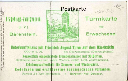 Postkarte mit der Ansicht des Bärensteins im Erzgebirge mit dem projektierten Unterkunftshaus.